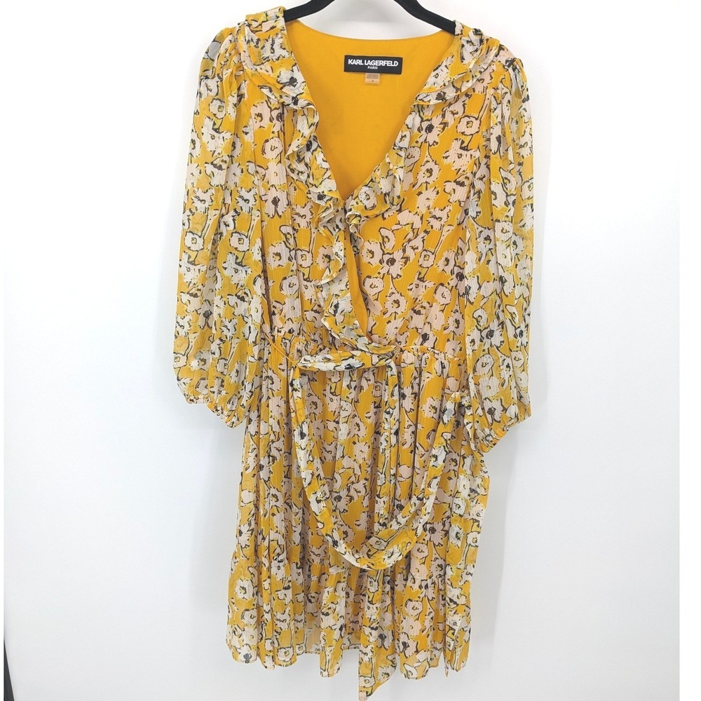 KARL LAGERFELD Dress Womens 10 Yellow Floral Chiffon Ruffle Long Sleeve Boho